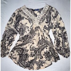 Blue Rain XL Blouse Paisley Print Long Sleeve Lace‎ Trim V Neck Bohemian Top
